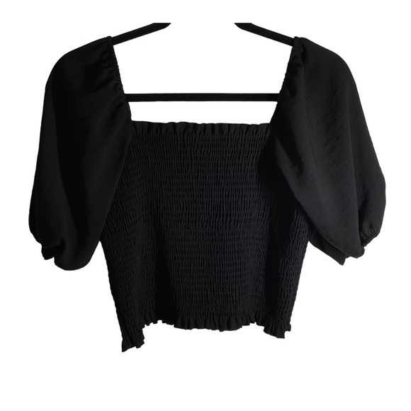 Leith Smocked Puff Sleeves Stretchy Short Sleeve Crop Top Black Size Large - Picture 4 of 9